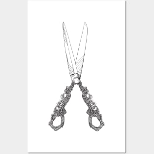 Vintage scissors black and white lineart Posters and Art